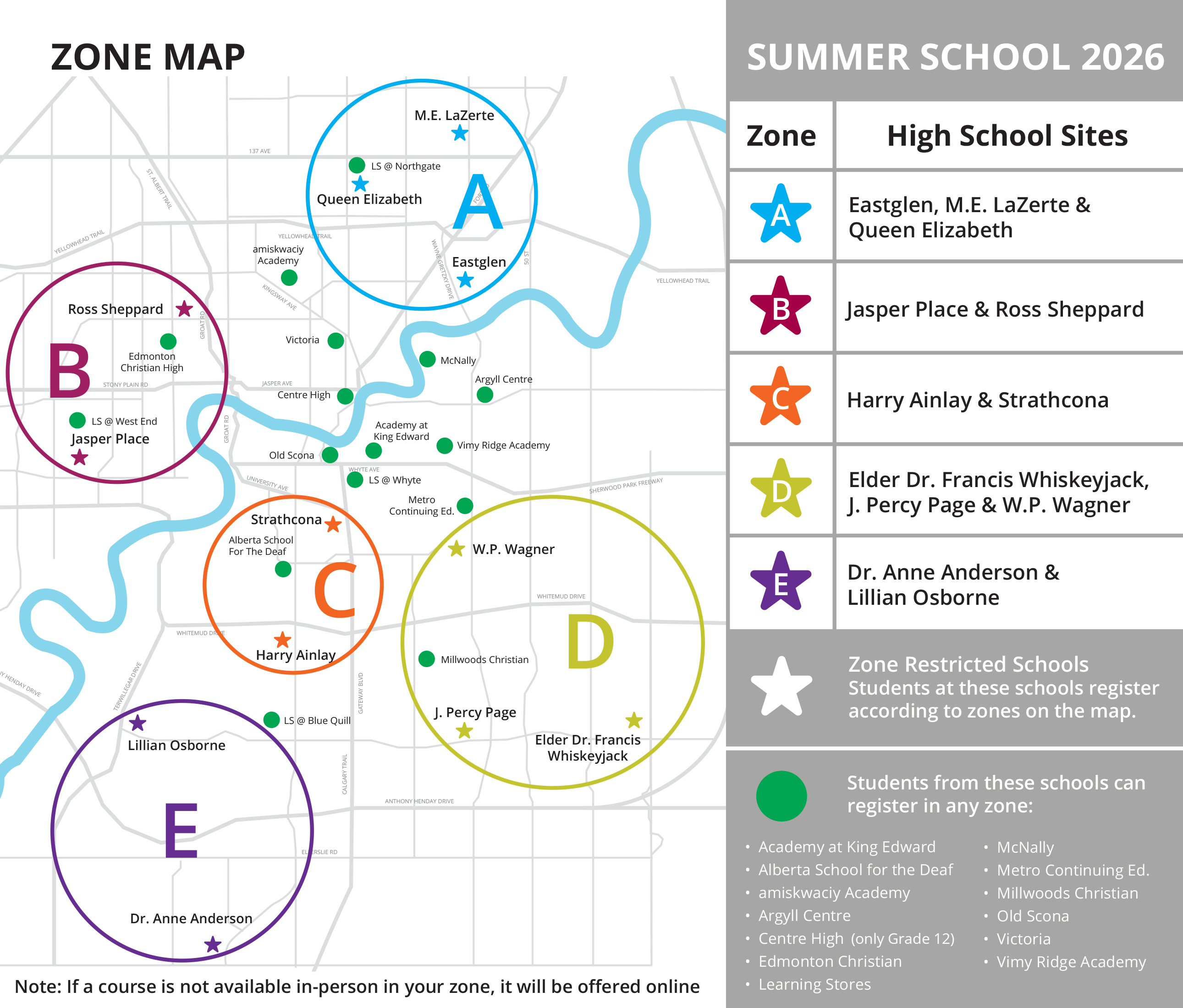 Summer school 2026 zone map (Mar 11/26). Text version follows.
