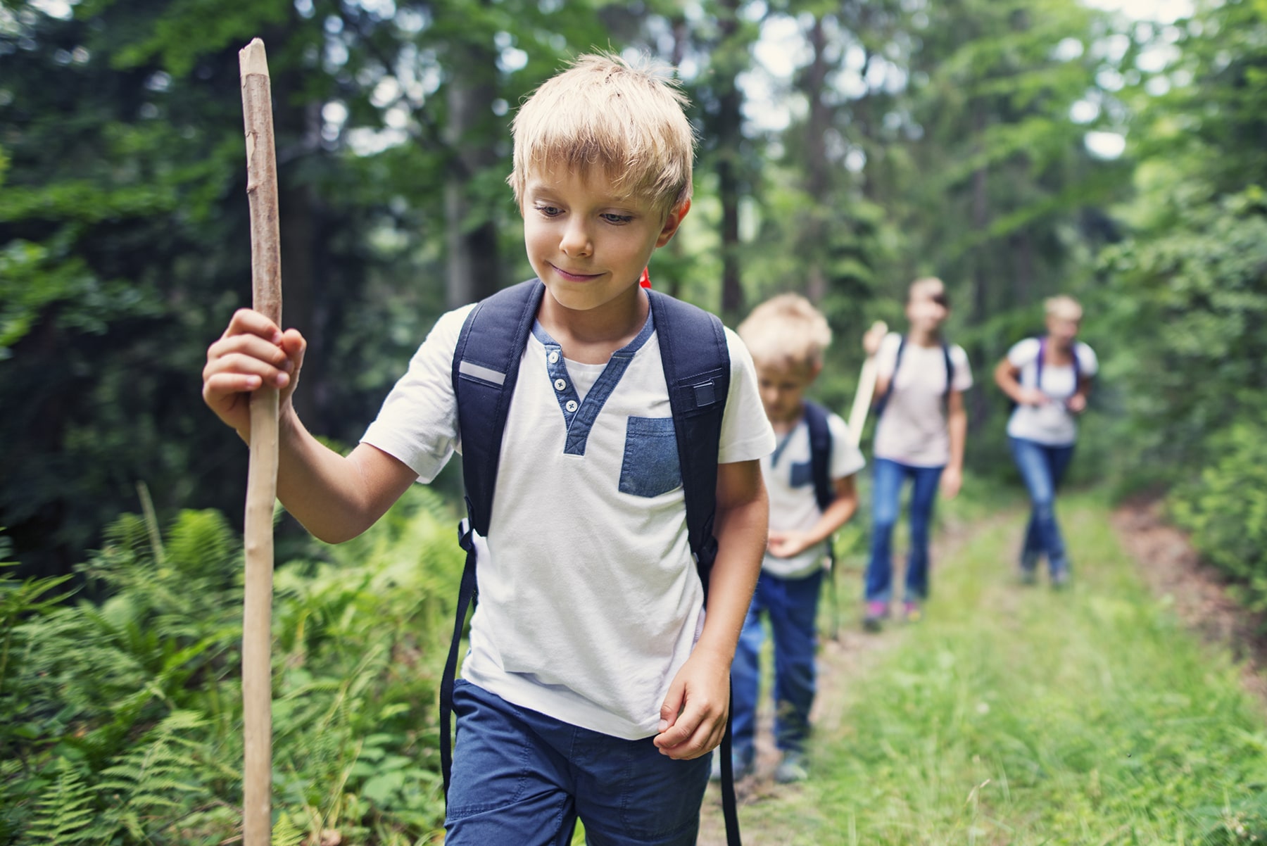Little boy and his family hiking in forest Metro Continuing Education